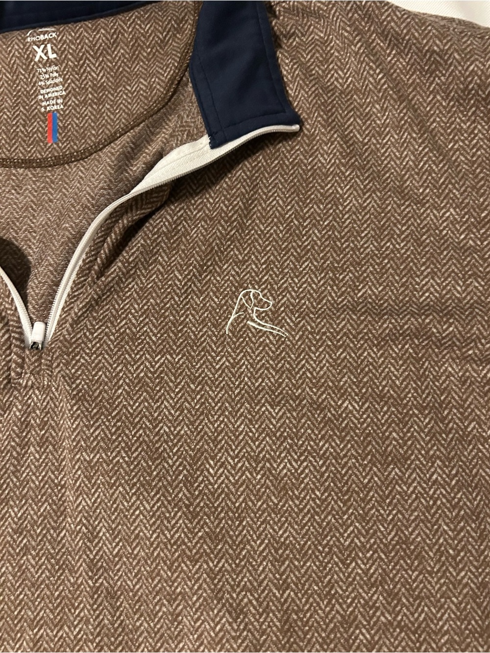 Men’s Rhoback Brown Herringbone Quarter-Zip Pullover with Navy Collar - Picture 3 of 5